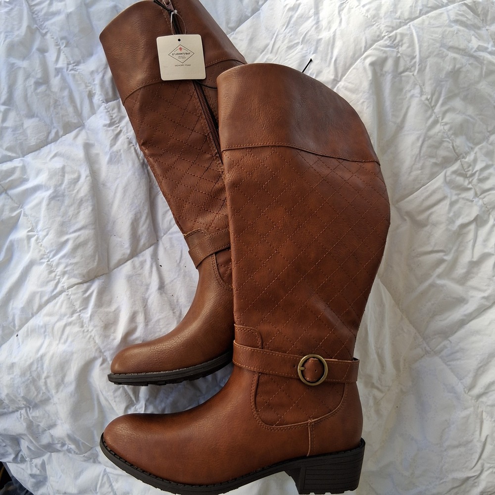 St Johns Bay Womens Cognac Quilted Riding Boots Memory Foam 6.5 M 100-1079 0042